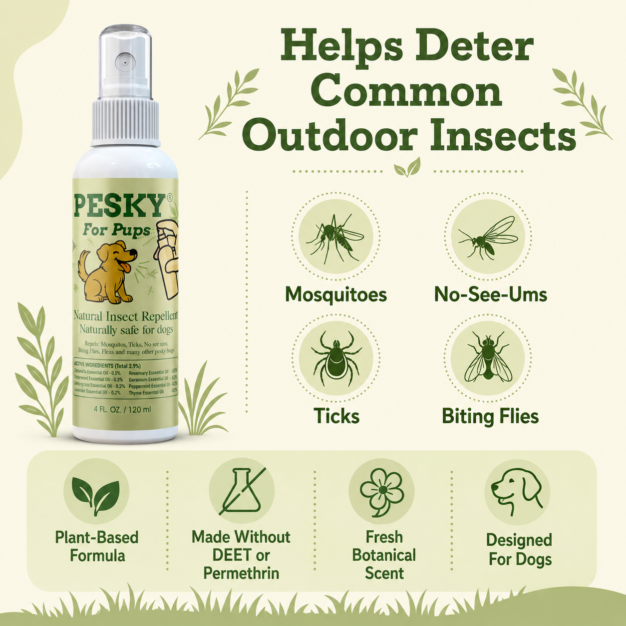 🐶 PESKY® for Pups Plant-Based Insect Deterrent Spray for Dogs - Rootwellco