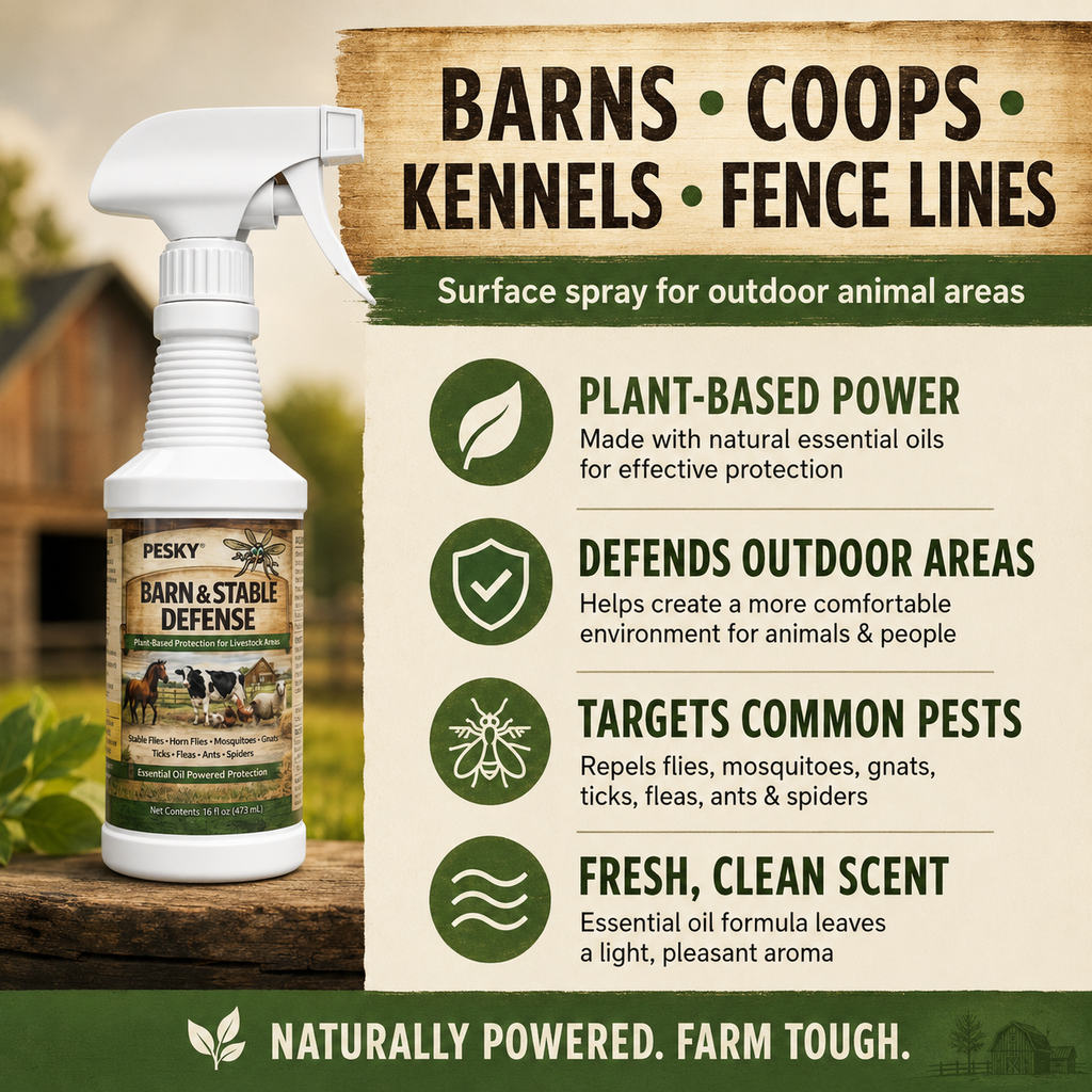 PESKY® Bug Away – Livestock Barn Surface Spray Plant-Based Insect Deterrent for Barns, Coops & Outdoor Animal Areas - Rootwellco