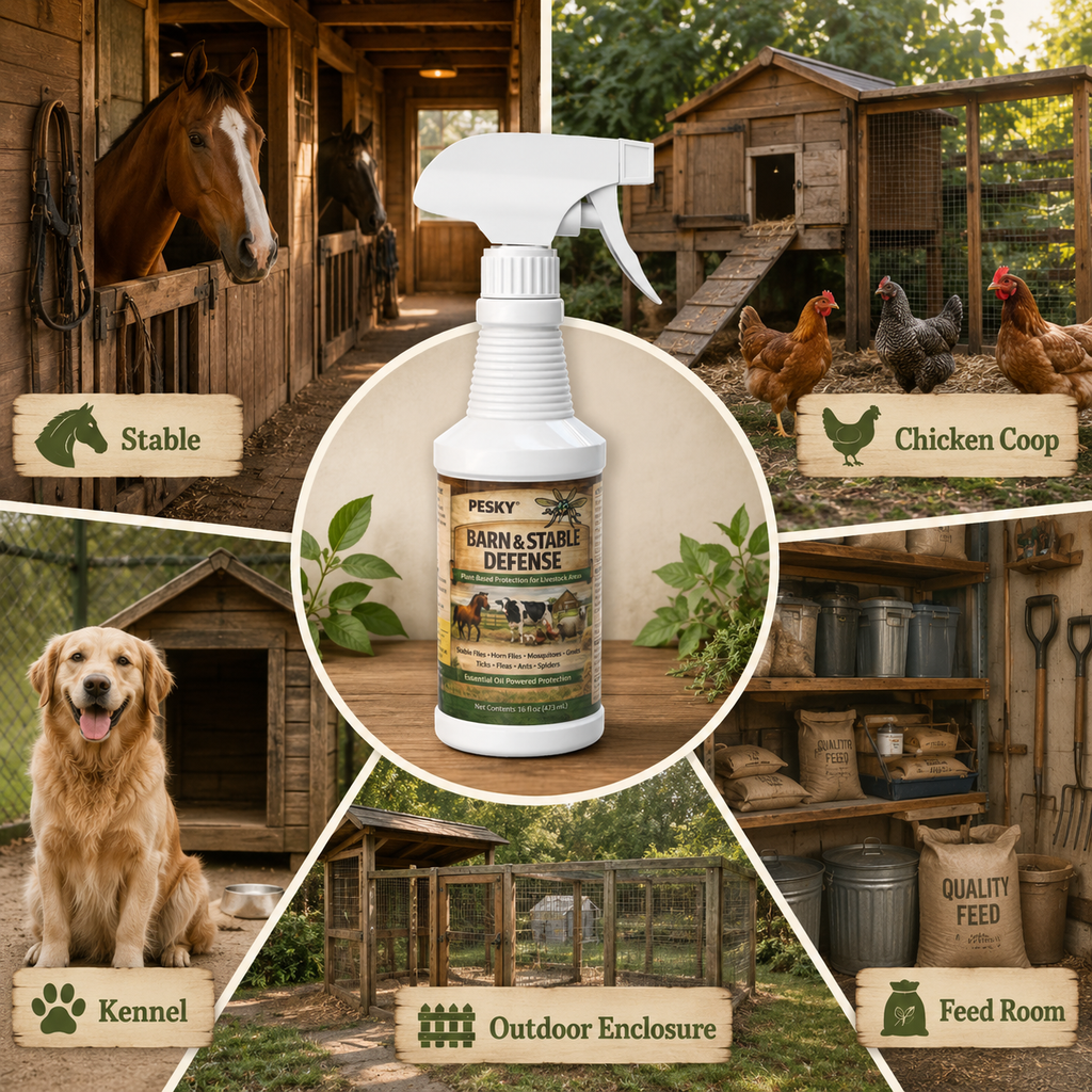 PESKY® Bug Away – Livestock Barn Surface Spray Plant-Based Insect Deterrent for Barns, Coops & Outdoor Animal Areas - Rootwellco