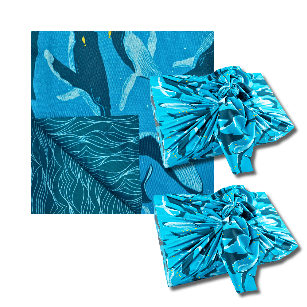 Set of 2 Large Reusable Cloth Furoshiki Gift Wrap | Whales & Waves - Rootwellco