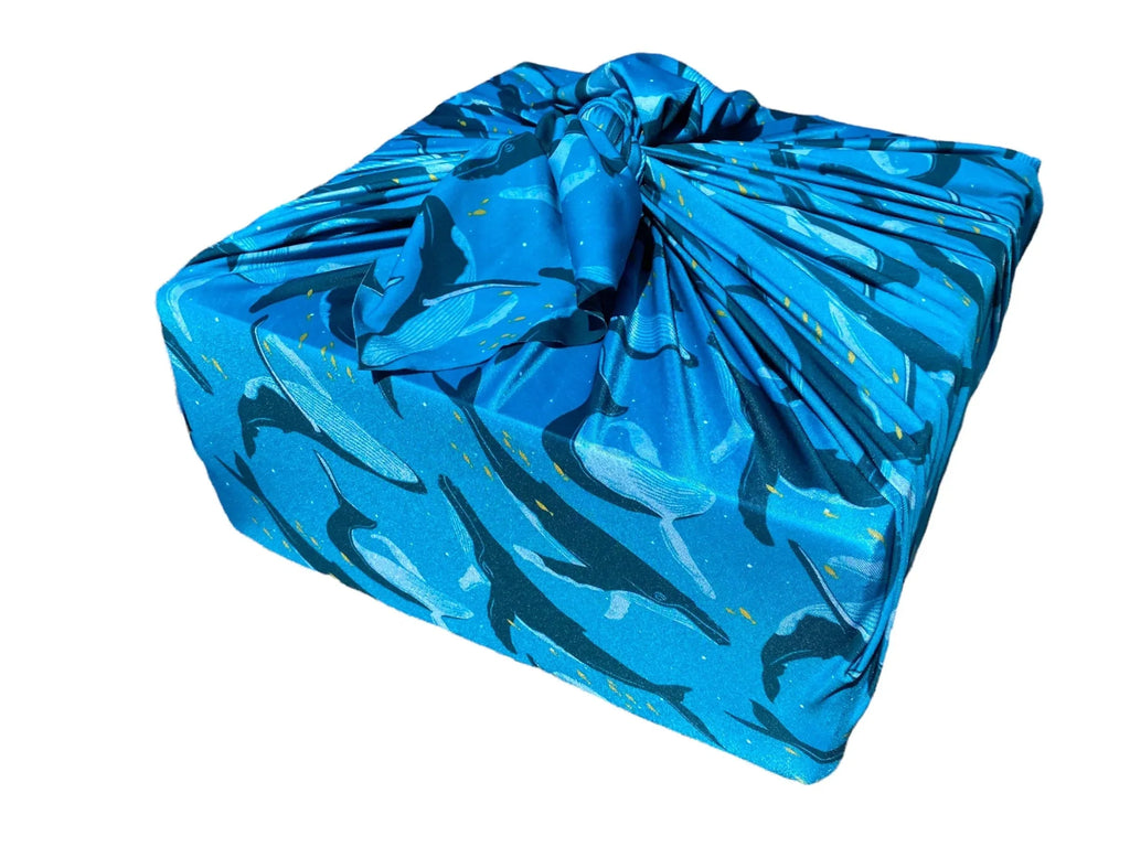 Set of 2 Large Reusable Cloth Furoshiki Gift Wrap | Whales & Waves - Rootwellco