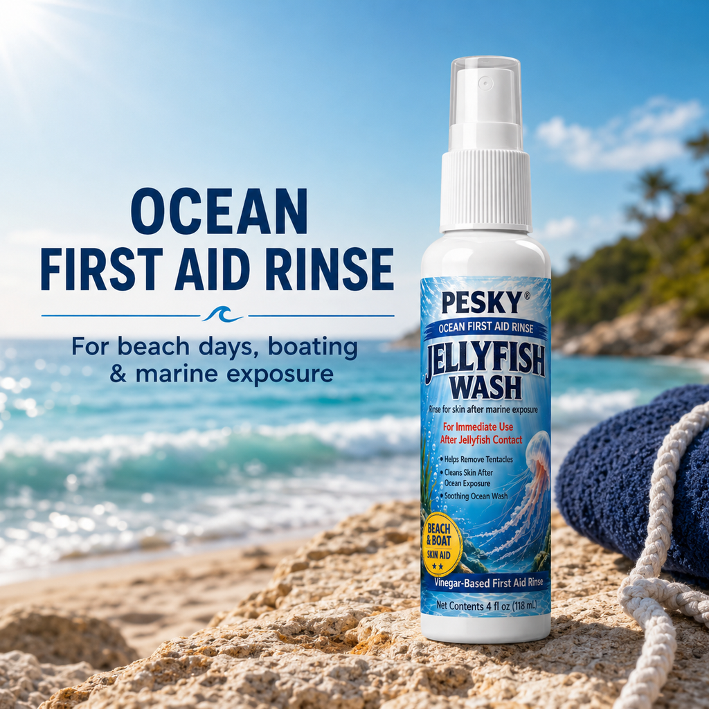 PESKY® Jellyfish Wash – Spray for Marine Stings- for beach bags, boats, dive gear, and coastal first-aid kits - Rootwellco