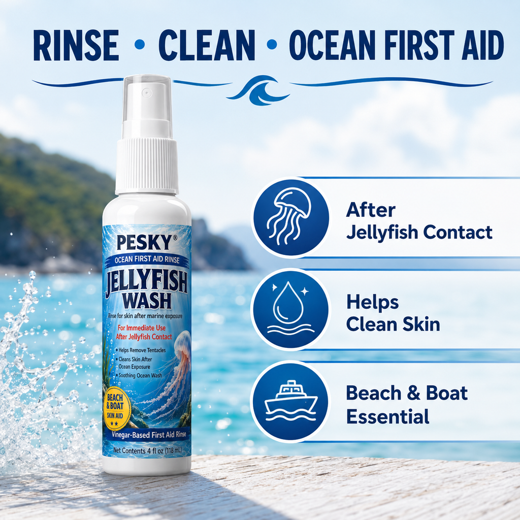 PESKY® Jellyfish Wash – Spray for Marine Stings- for beach bags, boats, dive gear, and coastal first-aid kits - Rootwellco