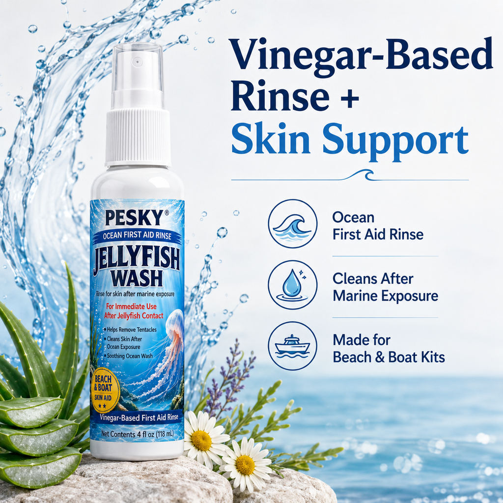 PESKY® Jellyfish Wash – Spray for Marine Stings- for beach bags, boats, dive gear, and coastal first-aid kits - Rootwellco