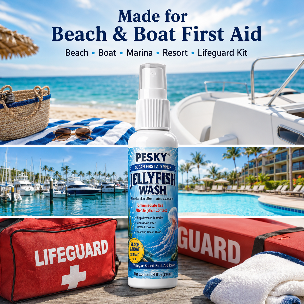 PESKY® Jellyfish Wash – Spray for Marine Stings- for beach bags, boats, dive gear, and coastal first-aid kits - Rootwellco